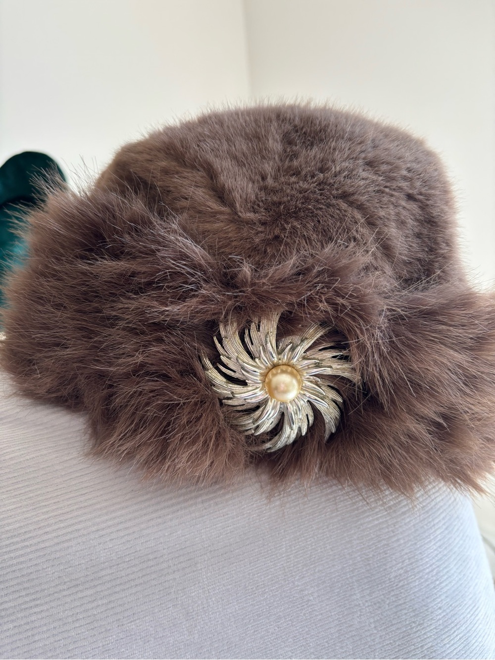 Plush Brown Faux Fur Women's Hat with Decorative Gold-Tone Brooch